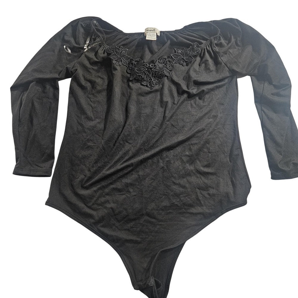 Marci Bodysuit Top Womens Medium Black Off Shoulder Lace Long Sleeve Stretch